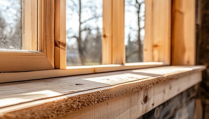 Close-Up of a Newly Installed Light Brown Wooden Window Frame