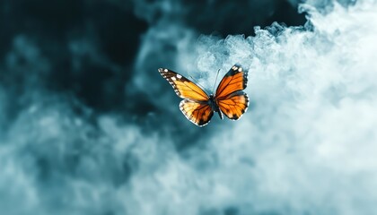 Obraz premium Orange Butterfly Flying Above Misty Background in Soft Light