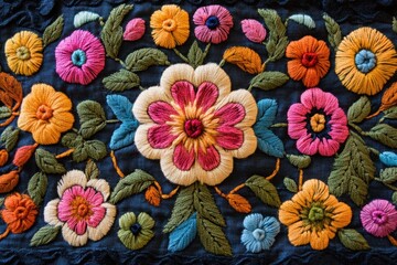 Vibrant floral embroidery art on dark blue fabric showcasing colorful blossoms and intricate needlework in a detailed close up shot capturing texture and design
