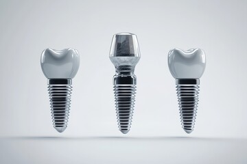 Three silver dental implants are shown in a three-dimensional view