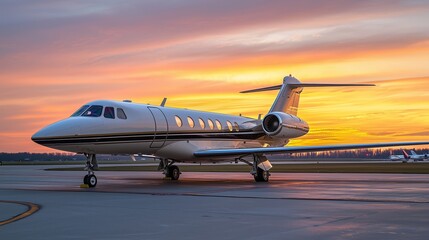 Obraz premium Elegant Private Jet at Sunset on Airport Runway with Colorful Sky