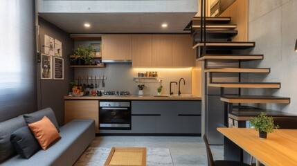 A small but functional apartment kitchen with smart storage solutions and modern decor