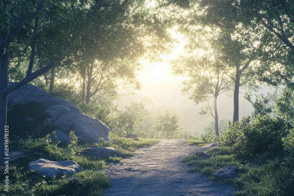 Poster a path through a forest with a rock on the side