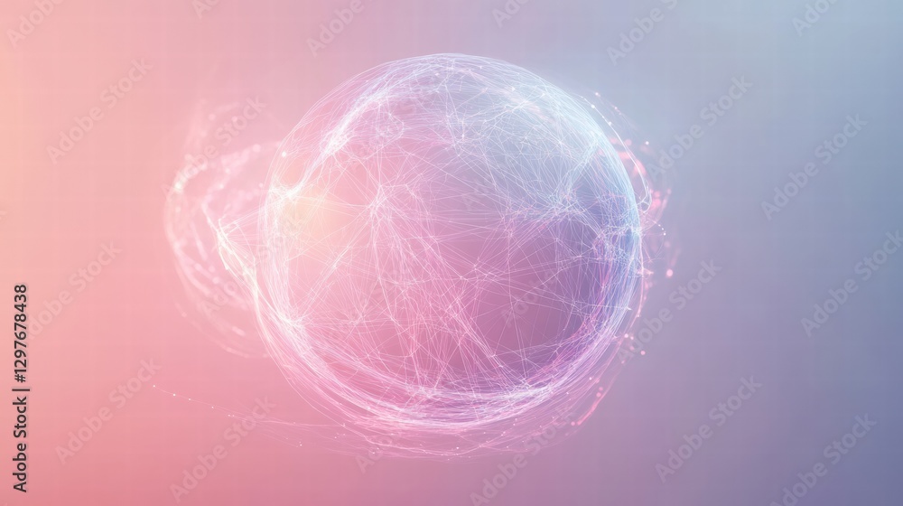 Poster Digital representation of interconnected networks in a spherical shape with colorful background. Generative AI