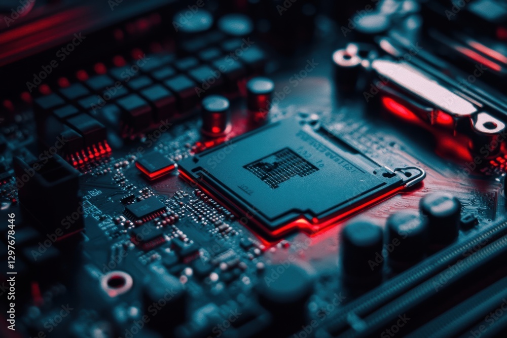 Poster a computer chip is shown in red and black
