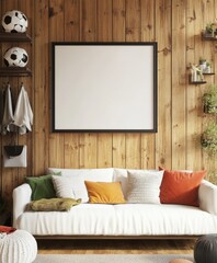 Blank framed poster on wood wall, cozy living room, sports theme