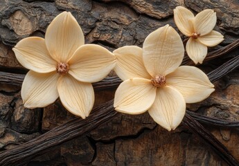 Fototapeta premium Delicate cream-colored flowers with textured petals arranged artistically on a rough wooden surface, showcasing natural rustic beauty and elegance in detail.