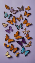 Fototapeta premium Vibrant Assortment of Butterflies on a Pastel Purple Background – Colorful Insect Photography for Nature Lovers
