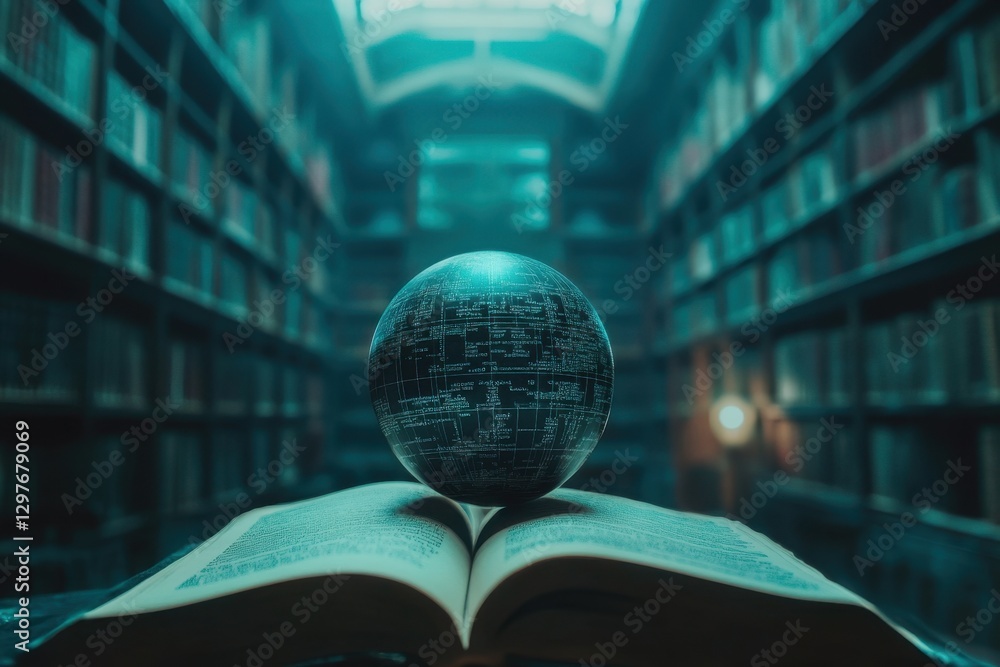 Poster a book is open to a page with a sphere on it