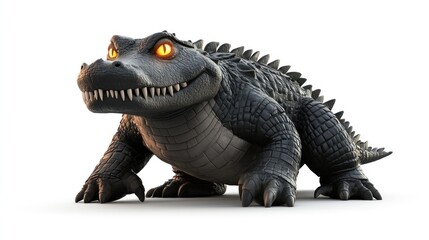 Fototapeta premium Cartoon alligator creeping forward, glowing eyes, isolated on a bright white background