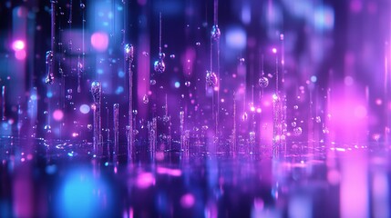 Illuminated crystalline structures and droplets create an abstract scene