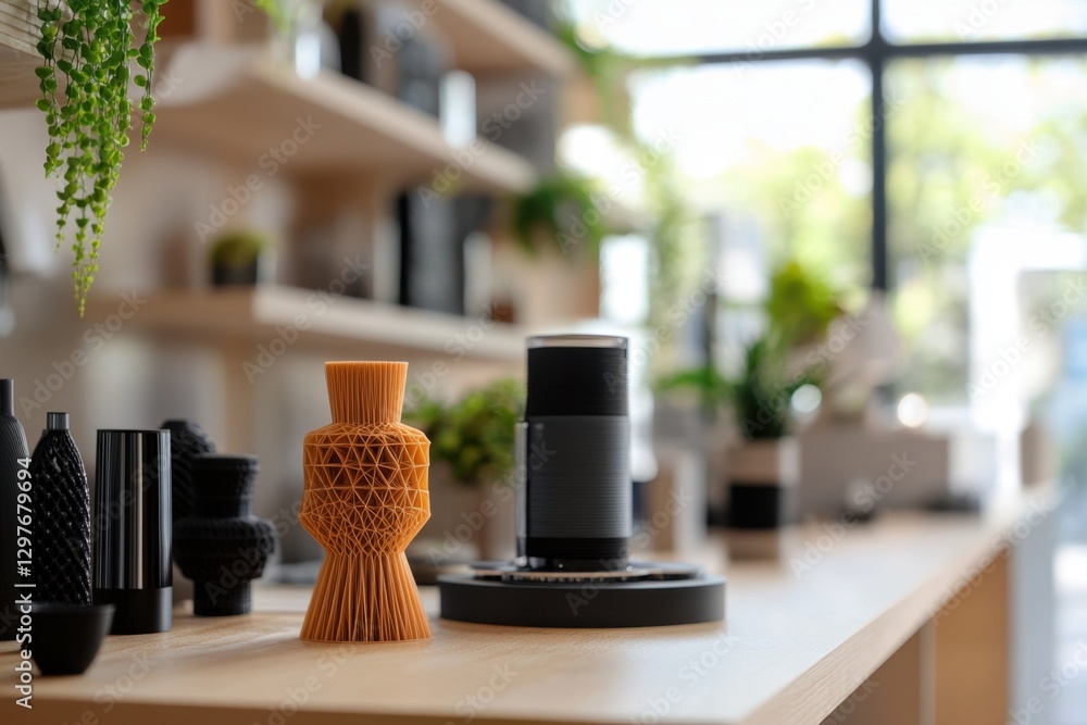 Poster a table with a vase and a small speaker on it