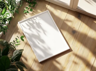 Framed Poster on Light Wood Floor with Plants and Sunlight