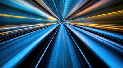 Abstract speed, light trails, motion blur, dynamic energy, vibrant colors, futuristic transportation, tunnel vision, technological advancement, fast movement,  blue and gold streaks.