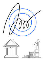 Black abstract signature overlapping blue concentric circles, Greek-style bank column, ascending bar graphs. Ideal for finance, economy, law, agreements, authority, innovation abstract line flat
