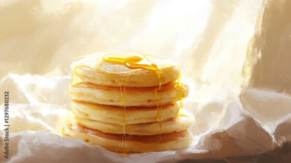 Poster stack of golden pancakes with syrup dripping in warm morning light. generative ai