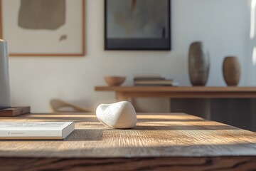 A white object sits on a wooden table next to a book