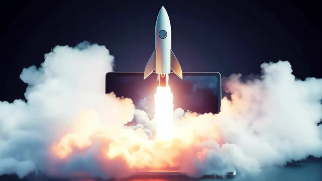 A rocket taking off from the screen of an open laptop on a dark background, symbolizing the launch of a new business or project and the start of digital work in technology.