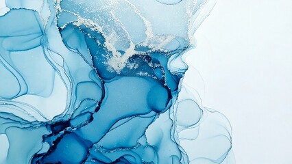 Fototapeta premium 高級感のある薄くて淡いアルコールインクアート 水色 ブルー マーブル模様 余白あり 背景素材 チラシ・バナー・動画素材 16:9サイズ AI生成素材