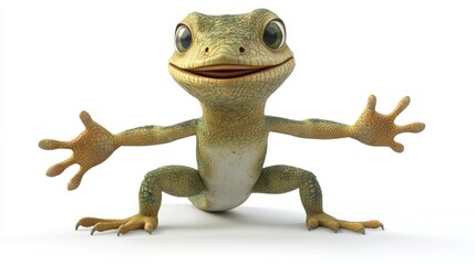Animated lizard gesturing with open arms, isolated on a white background looking friendly, cute