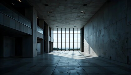 Fototapeta premium empty concrete hall with large window and sunlight casting shadows