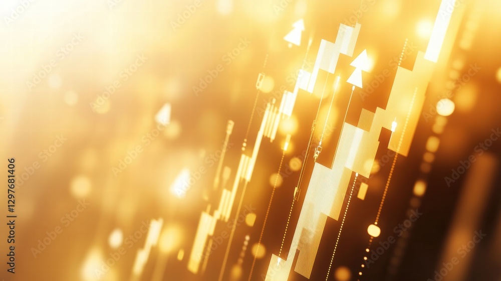 Poster golden abstract digital stock market trends with rising arrows showing financial growth in a vibrant