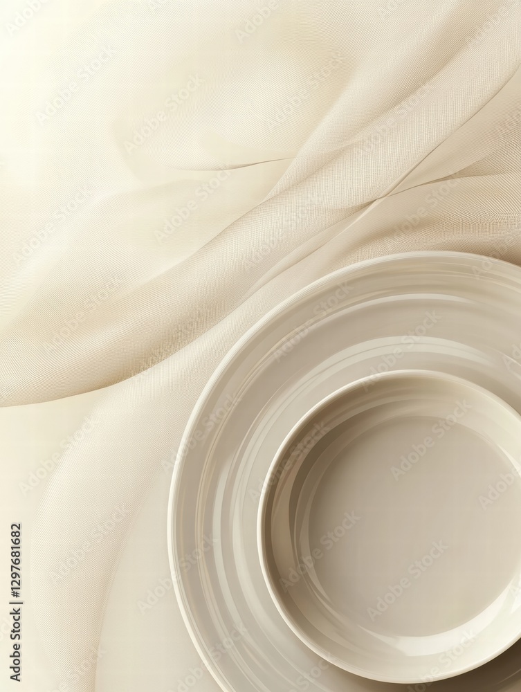 Poster elegant white dish arranged on soft beige fabric creating a serene dining aesthetic on a calm aftern