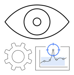Eye icon symbolizing vision, gear for functionality, chart with target marker for data tracking. Ideal for analytics, strategy, innovation, efficiency, focus, progress abstract line flat metaphor