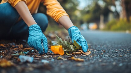 A person wearing gloves picking up trash on the roadside