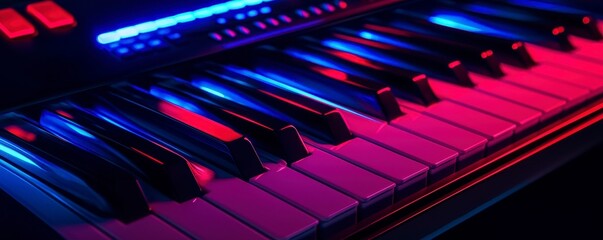 Neon Lit Keyboard Keys Illuminated in Vivid Blue and Pink