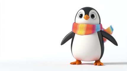 Fototapeta premium Cartoon penguin wearing scarf stands alone on white background, simple studio shot