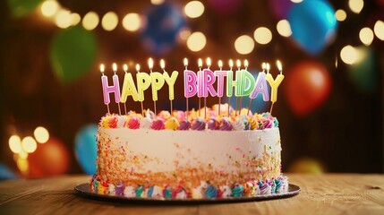 A birthday cake with candles spelling "HAPPY BIRTHDAY" in colorful letters, surrounded by party decorations in the blurred background.