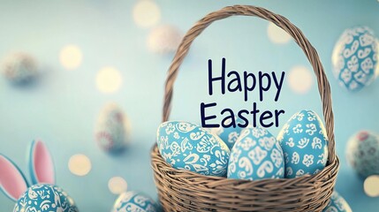 Easter banner with "Happy Easter" text, cartoon bunny ears, and blue patterned eggs in a basket on a pastel background, ideal for e-commerce advertising, promotions, or social media posts.