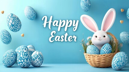Easter banner with "Happy Easter" text, cartoon bunny ears, and blue patterned eggs in a basket on a pastel background, ideal for e-commerce advertising, promotions, or social media posts.
