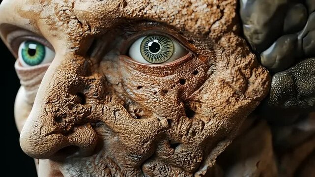 Close-up of a textured human face sculpture with intricate details and realistic eyes, showcasing artistry