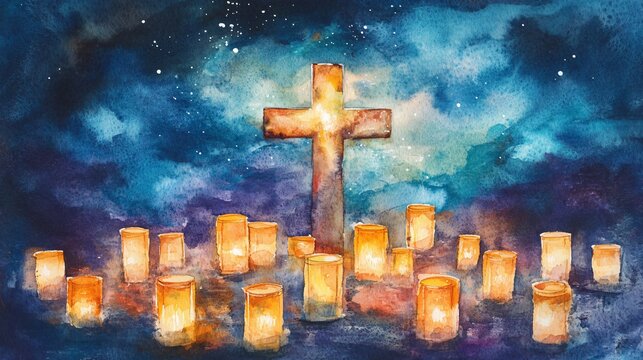 Illuminated Cross Under Starry Night Sky with Candles