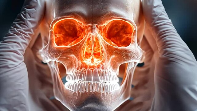 Exploring human anatomy through a 3D illuminated skull model in a laboratory setting with glowing features