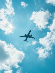 Fototapeta premium Plane flying through a clear sky with fluffy clouds during daylight hours above a bustling city. Generative AI
