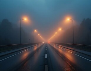 Fototapeta premium Driving on a Foggy Highway with Street Lights at Night