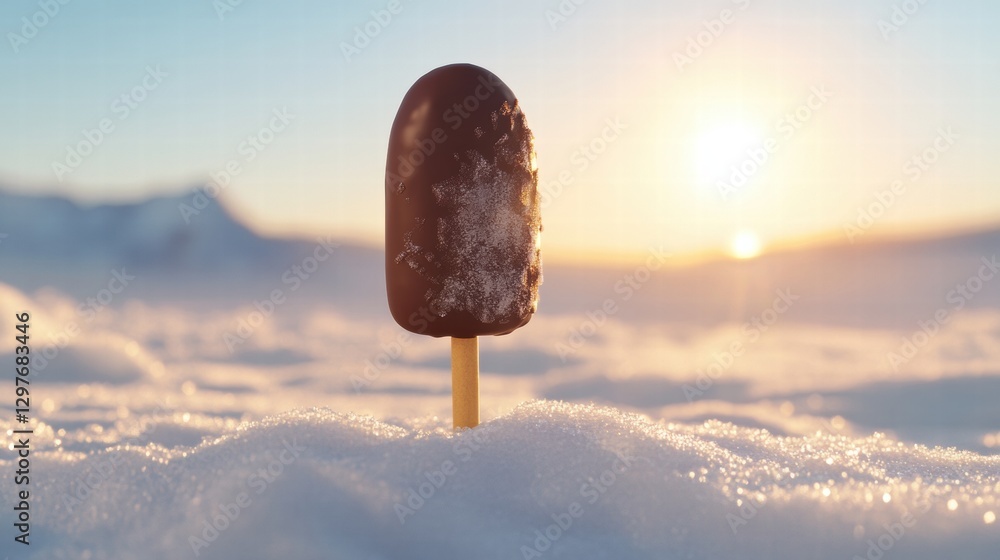 Poster chocolate coated ice cream on a stick stands in the snow at sunset with mountains in the background.