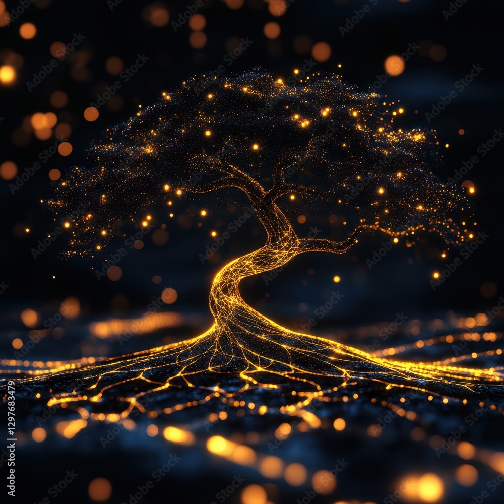 Poster luminous tree of life with glowing roots and branches against a dark background in a digital art sty