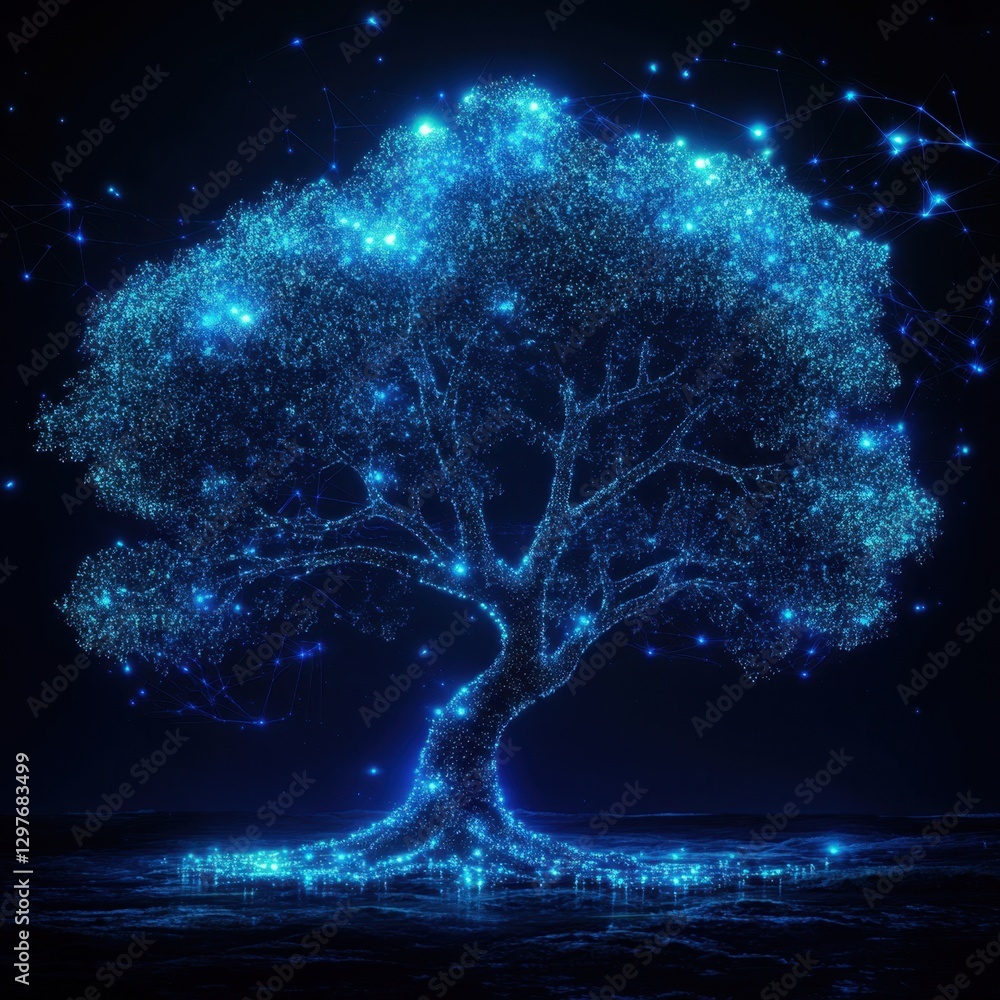 Poster luminous tree of digital connectivity against dark backdrop symbolizing technological growth and net