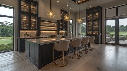 Modern home bar with golf course view