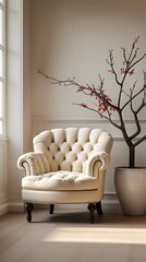 Elegant beige tufted armchair in a cozy, minimalist corner with soft natural light. Aesthetic and comfortable reading nook with a potted plant for a relaxing atmosphere.

