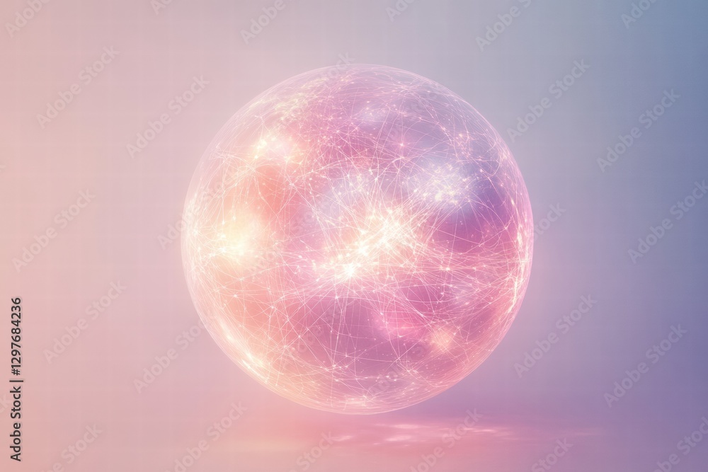 Poster Colorful digital sphere representing interconnected data networks floating in a soft gradient background. Generative AI
