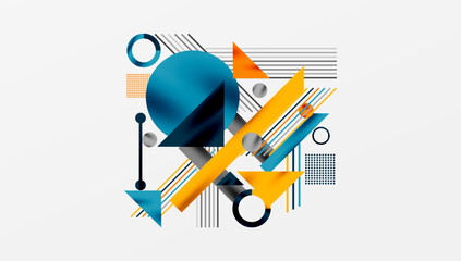 Geometric Abstract Background with Bold Shapes and Contrasting Colors. Circles, triangles, squares and lines with shadow effect