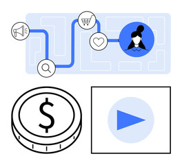 Customer journey map with marketing icons thumbs up megaphone, cart, heart, coin, and video play button. Ideal for marketing, business growth, analytics, sales funnels content creation online