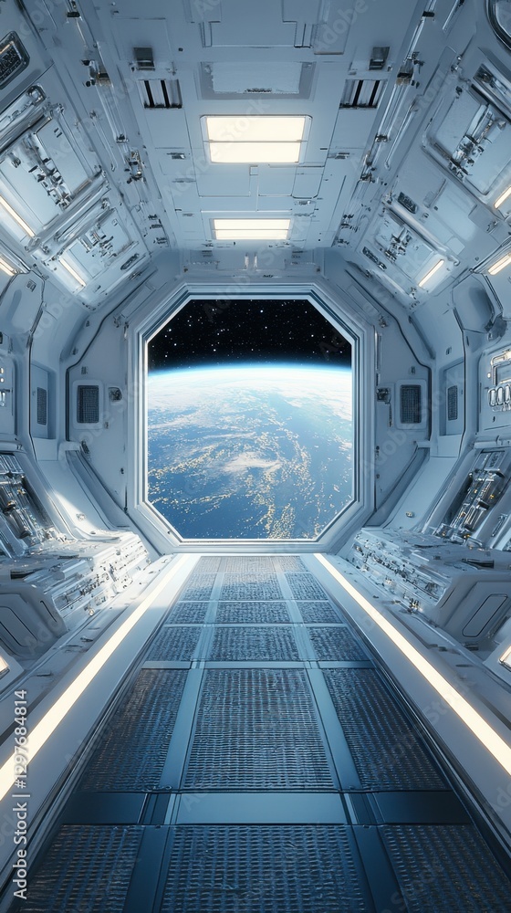 Aufkleber serene interior of futuristic spaceship with earth view from window in deep space exploration and te