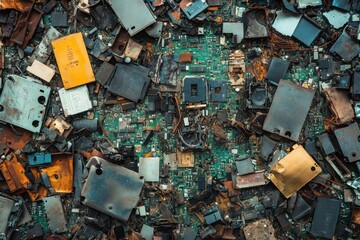 A pile of electronic waste with a lot of different pieces of metal and plastic