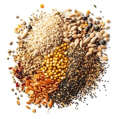 Heap of dry wheat bran flakes isolated on white background, top view